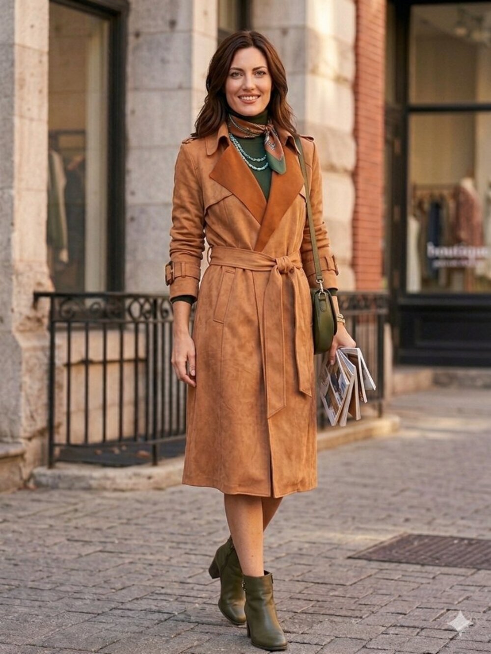 Few Moda Faux Suede Trench Coat Camel Cognac Size M